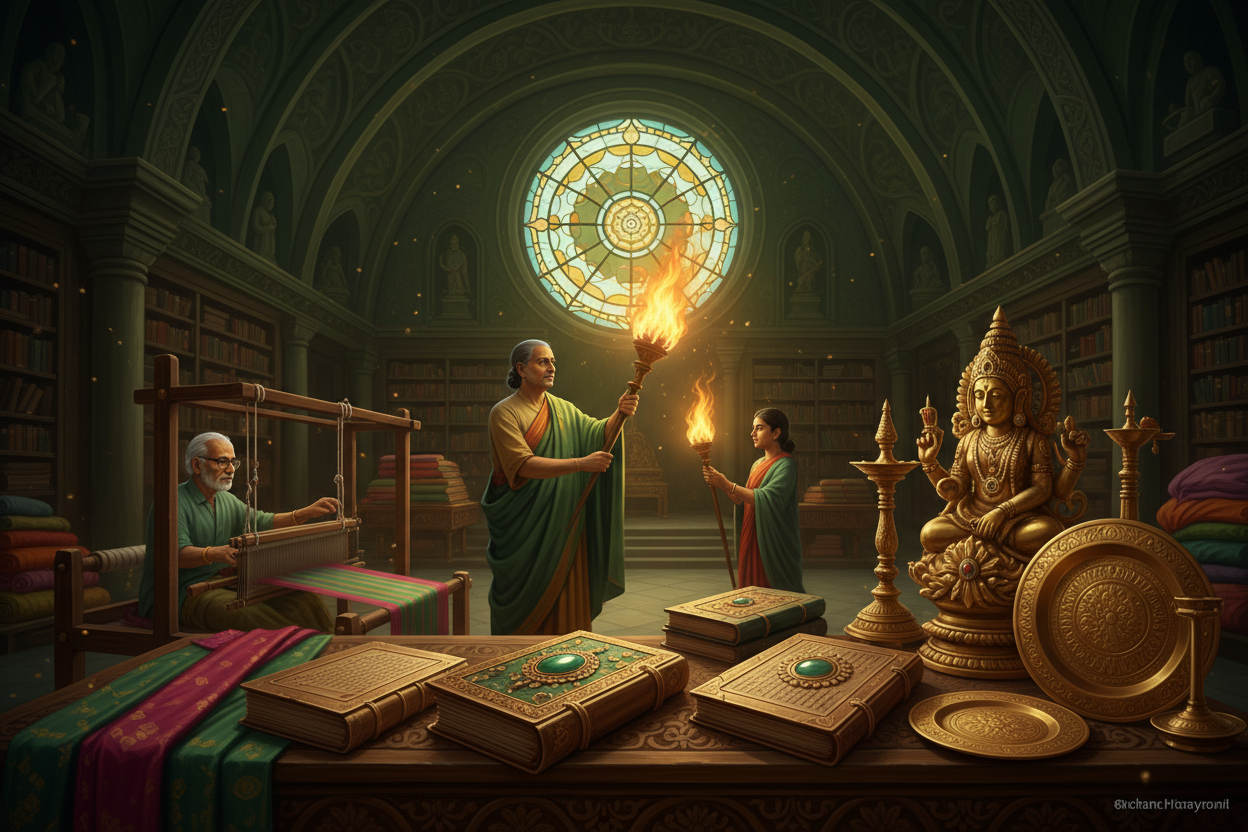 Ancient manuscripts, golden temple artifacts, a master weaver at a traditional loom, and a glowing torch — representing Divya India Foundation's mission to Preserve, Document, Empower and Inspire