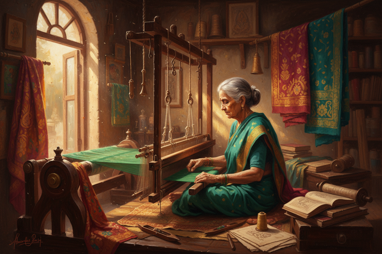 A master weaver at a traditional Indian handloom in Varanasi, interlacing silk threads with precision — representing Divya India Foundation's mission to preserve and empower India's living weaving heritage